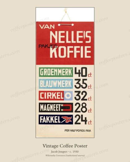 Van Nelle's Pakjes Koffie display by Jacob Jongert, c. 1930 — archival coffee print from Wikimedia Commons (institutional source)