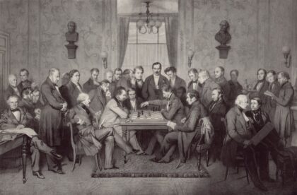 Image laemlein alexandre le cercle des echecs a paris pendant le grand defi a… by Alexandre Laemlein, 1843 — archival coffee print from Wikimedia Commons (institutional source)