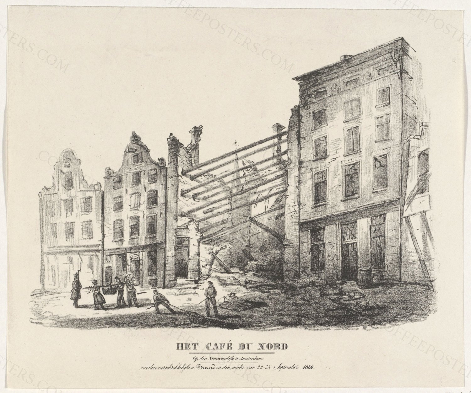 Uitgebrande Café du Nord op de Nieuwendijk, 1836, RP-P-OB-88.606 by Rijksmuseum, 1836 — archival coffee print from Wikimedia Commons (institutional source)