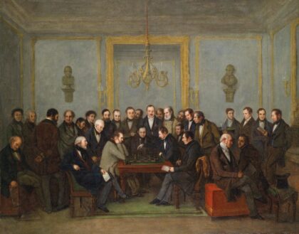The Famous Chess Match between Howard Staunton and Pierre Charles Fournier de… by Jean-Henri Marlet, c. 1843 — archival coffee print from Wikimedia Commons (institutional source)