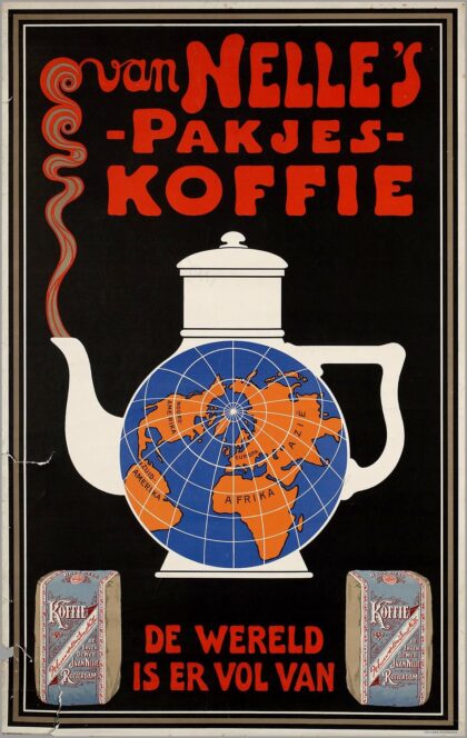 Van Nelle's -pakjes- koffie de wereld is er vol van by drukker: L. van Leer & Co; opdrachtgever/adverteerder: Erven de Wed. J. van Nelle (Rotterdam); i.e. onbekend (unknown), 1929 — archival coffee print from Wikimedia Commons (institutional source)