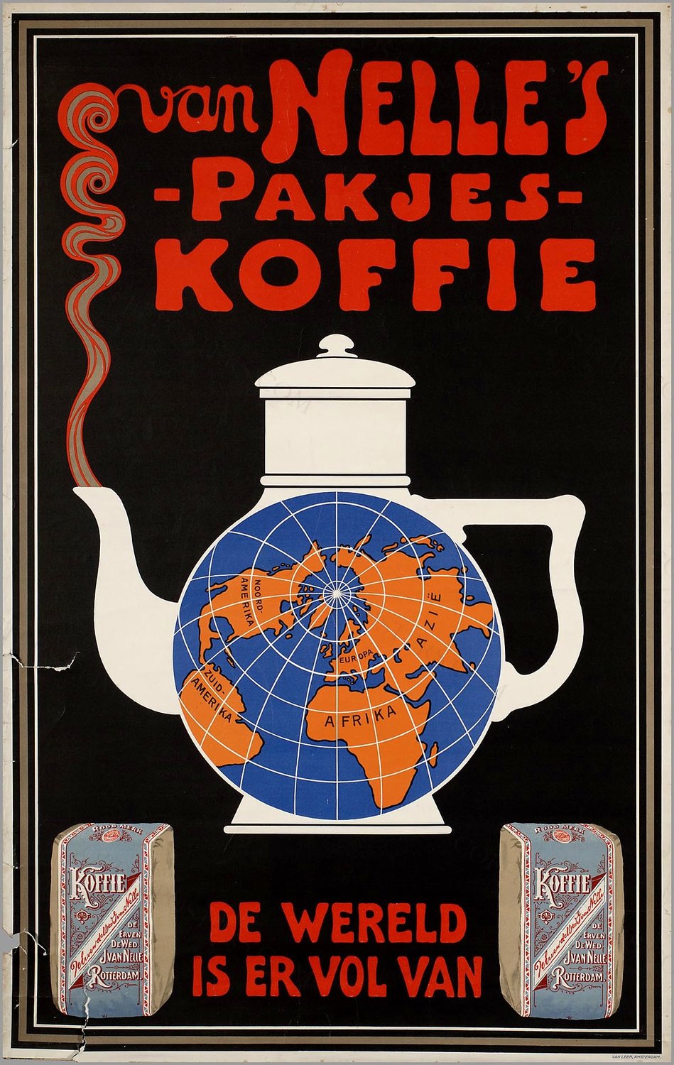 Van Nelle's -pakjes- koffie de wereld is er vol van by drukker: L. van Leer & Co; opdrachtgever/adverteerder: Erven de Wed. J. van Nelle (Rotterdam); i.e. onbekend (unknown), 1929 — archival coffee print from Wikimedia Commons (institutional source)