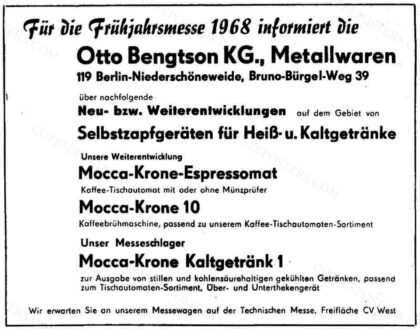 Otto Bengtson KG Mocca-Krone 1968 by Unknown authorUnknown author, 1968 — archival coffee print from Wikimedia Commons (institutional source)