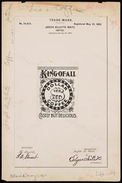 [Trademark registration by Joseph Billette White for Dollar brand Coffee]