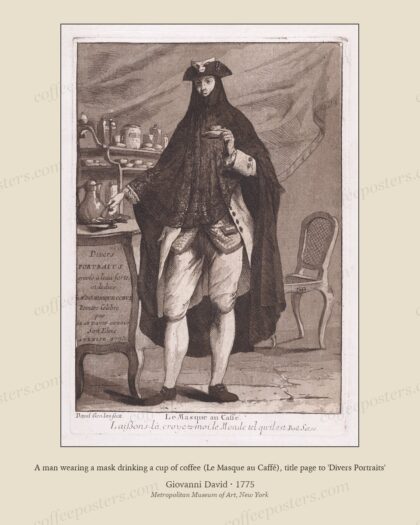A man wearing a mask drinking a cup of coffee (Le Masque au Caffé), title page to 'Divers Portraits'