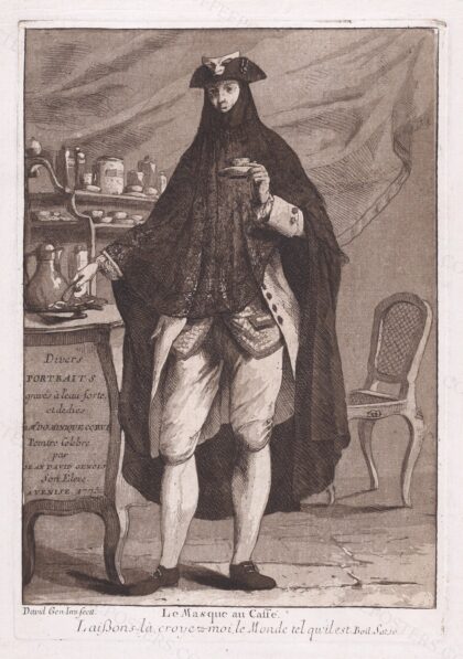 A man wearing a mask drinking a cup of coffee (Le Masque au Caffé), title pag… by Giovanni David, 1775 — archival coffee print from Metropolitan Museum of Art, New York