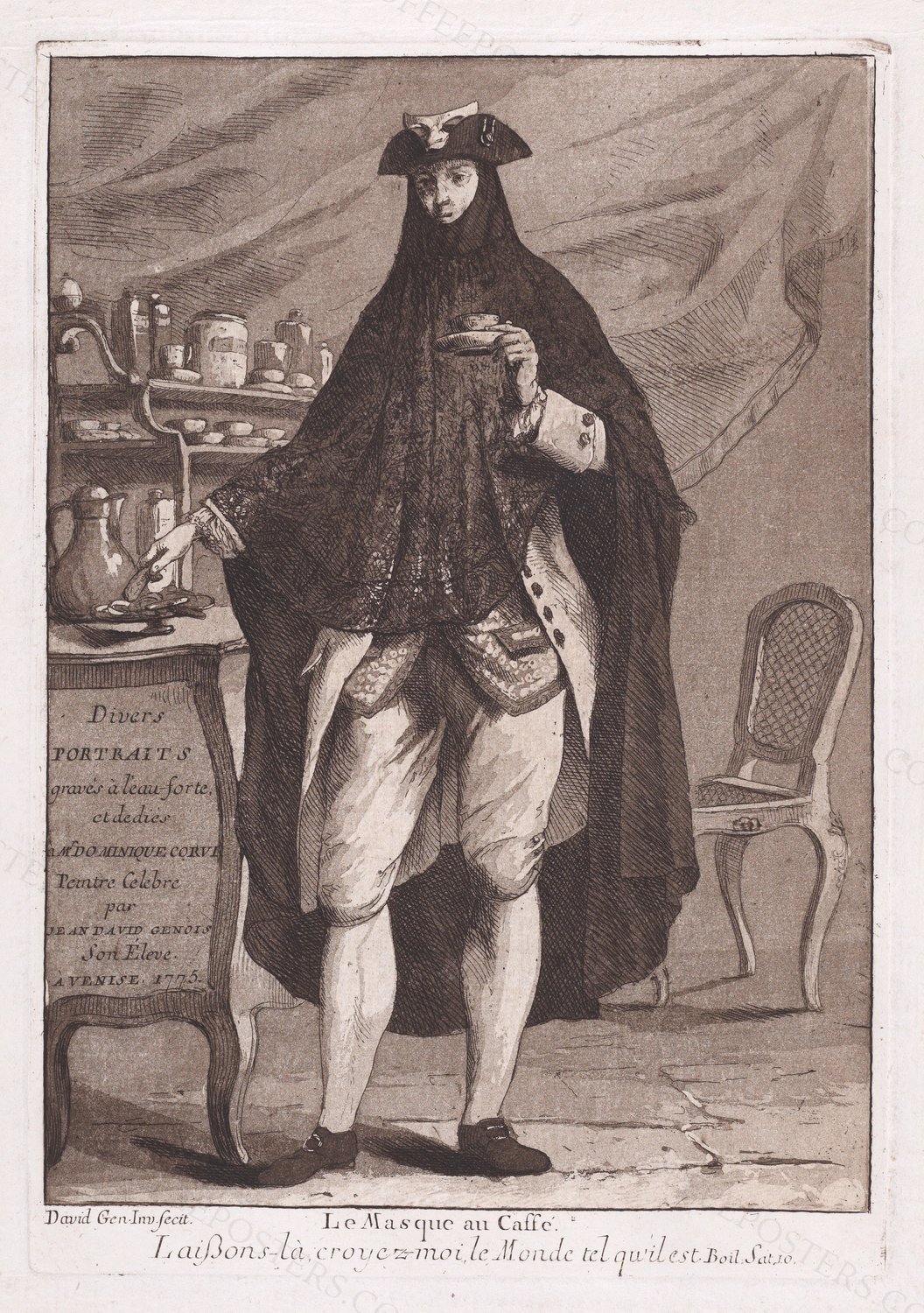 A man wearing a mask drinking a cup of coffee (Le Masque au Caffé), title pag… by Giovanni David, 1775 — archival coffee print from Metropolitan Museum of Art, New York