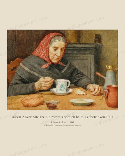 Albert Anker Alte Frau in rotem Kopftuch beim Kaffeetrinken 1907