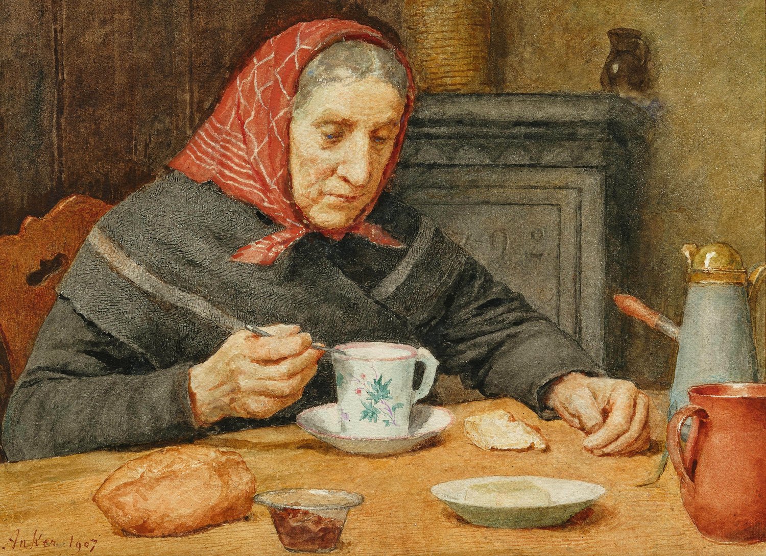 Albert Anker Alte Frau in rotem Kopftuch beim Kaffeetrinken 1907 by Albert Anker, 1907 — archival coffee print from Wikimedia Commons (institutional source)