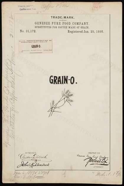 [Trademark registration by Genesee Pure Food Company for Grain-O brand Substitutes for Coffee Made of Grain]