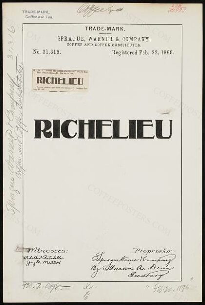 [Trademark registration by Sprague, Warner & Company for Richelieu brand Coffe and Coffee Substitutes]