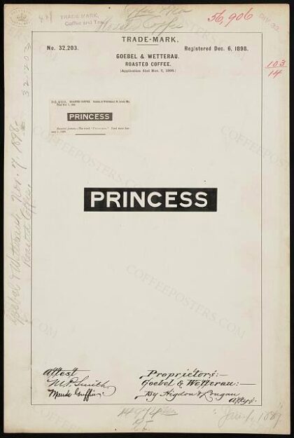 [Trademark registration by Coebel & Wetterau for Princess brand Roasted Coffee]