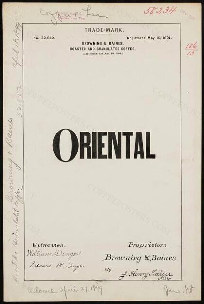 [Trademark registration by Browning & Baines for Oriental brand Roasted and Granulated Coffee]