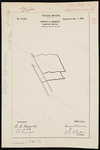 [Trademark registration by Duryee & Barwise for [Two Flags Logo] brand Roasted Coffee]