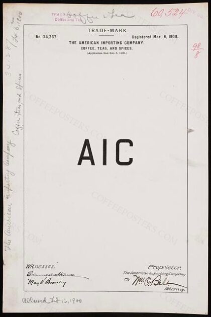 [Trademark registration by The American Importing Company for A I C brand Coffee, Teas, and Spices]