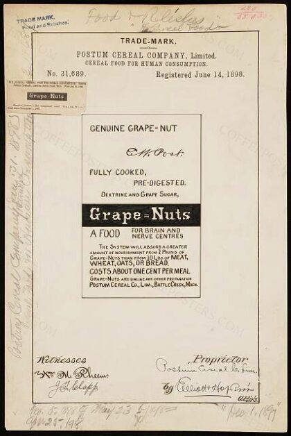[Trademark registration by Postum Cereal Company, Limited for Grape = Nuts brand Cereal Food For Human Cons…