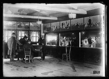 Canteen where hot chocolate, coffee, doughnuts and rolls are sold to the boys. Newly erected Red Cross Cant…
