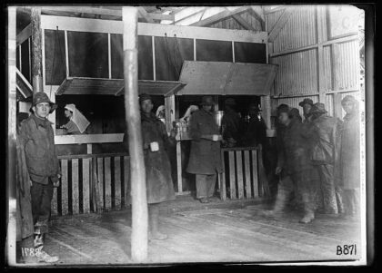 Canteen where hot chocolate, coffee, doughnuts and rolls are sold to the boys. Newly erected Red Cross Cant…