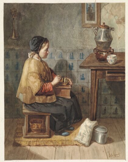 Meisje zittend op een stoof, RP-T-FM-54 by Rijksmuseum, 1838 — archival coffee print from Wikimedia Commons (institutional source)