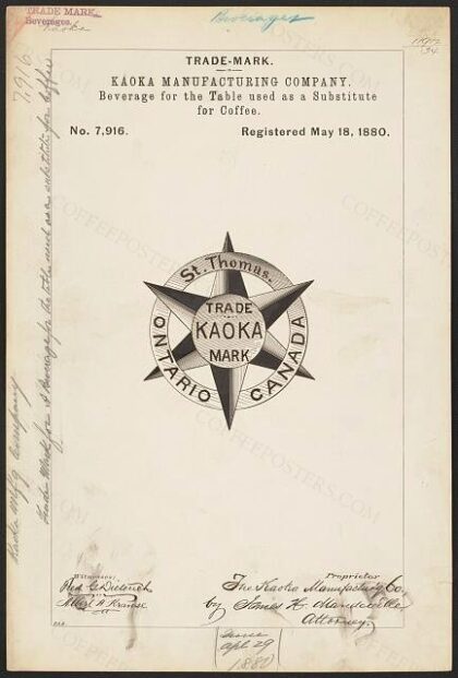 [Trademark registration by Kaoka Manufacturing Company for Kaoka brand Beverage for the Table used as a Sub…