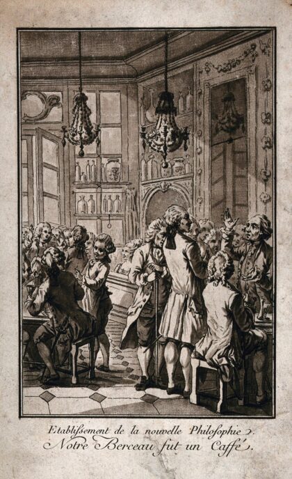 Café Procope, Paris: men and women chatting over drinks. Aquatint