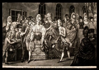 Bagnigge Wells, London: a fashionably dressed young couple greeting an acquaintance [an officer?] at a soir…