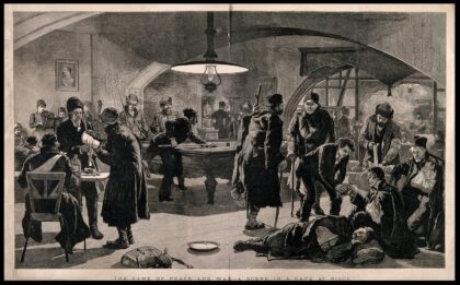 Serbo-Bulgarian War: a café scene in Nisch where soldiers and the wounded are at leisure. Wood engraving