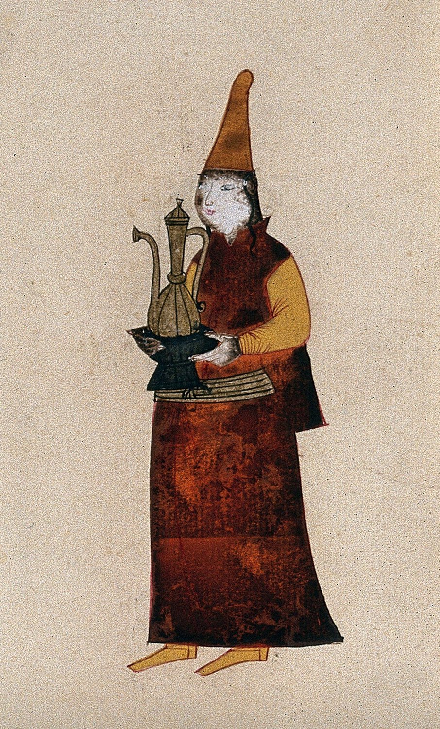 A Turkish (?) woman carrying a coffee pot. Gouache