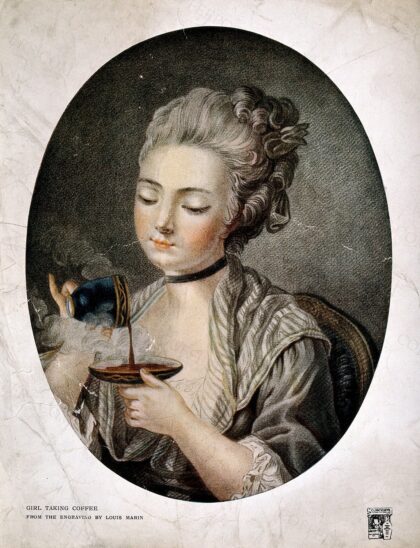 A girl pours coffee from a cup into a saucer. Colour halftone from an engraving by L. Marin