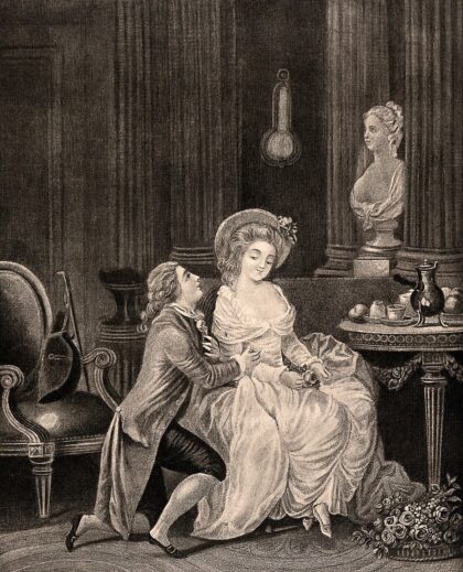A woman is listening to her lover who is down on one knee. Process print after L.M. Bonnet after J.B. Huet (?)