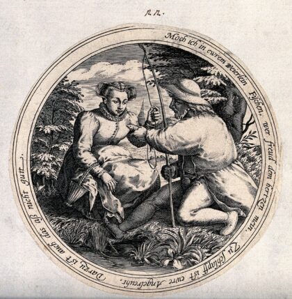 A fisherman on a river bank offers a fish to a young woman and asks her for a favour. Engraving after M. va…