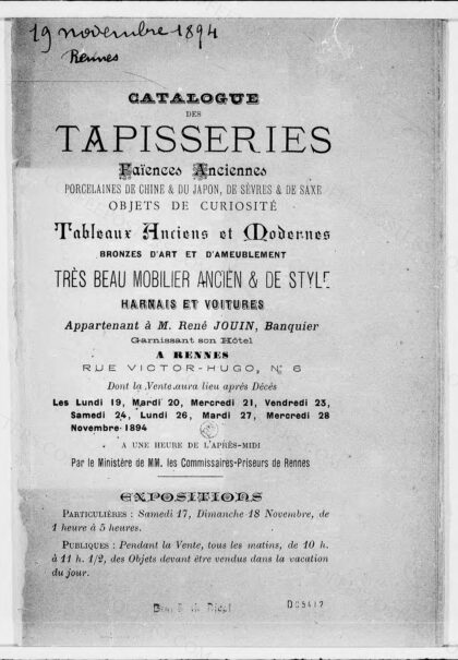 Catalogue des tapisseries, faïences anciennes..., tableaux anciens et modernes, bronzes d'art et d'ameublem…