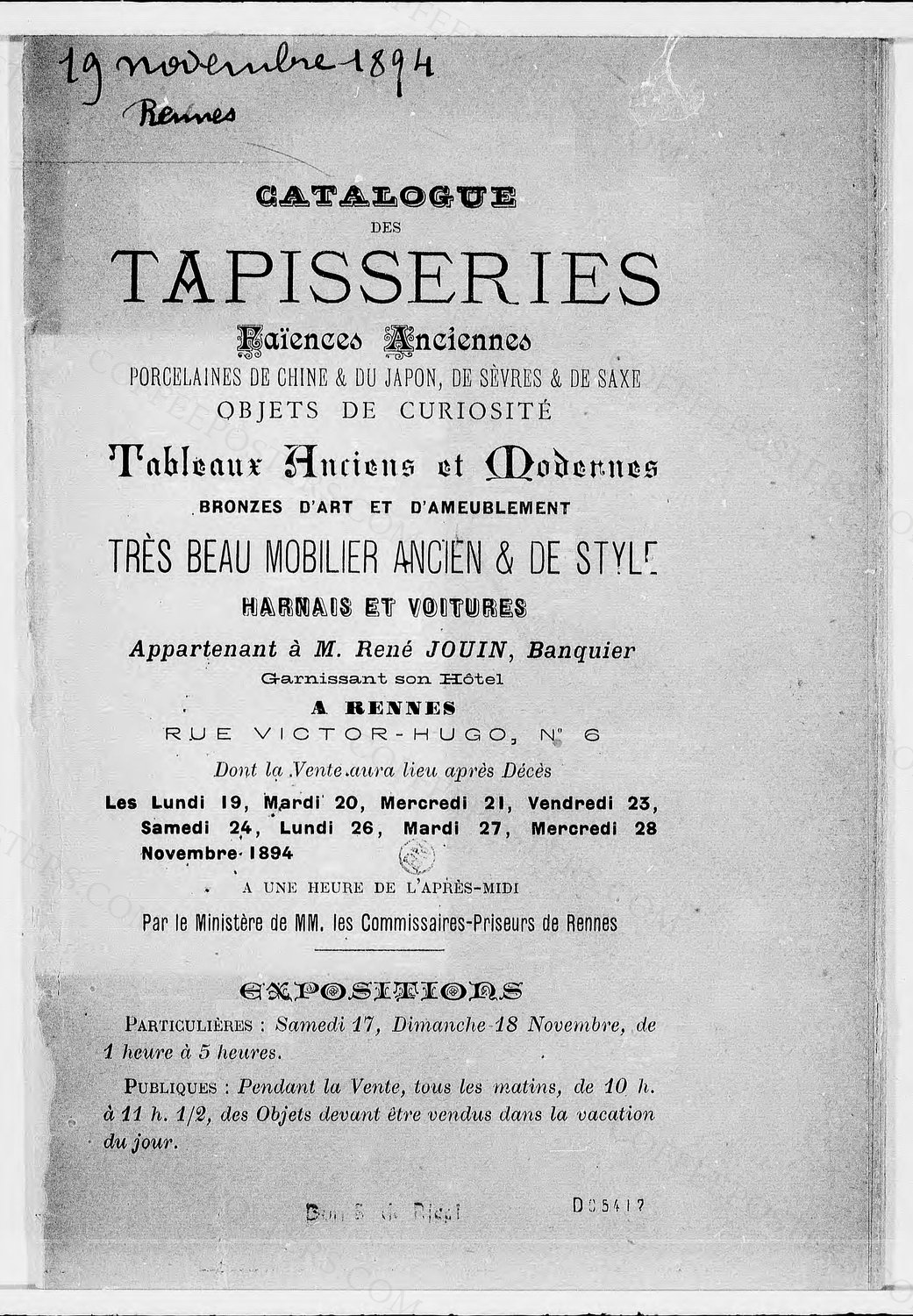Catalogue des tapisseries, faïences anciennes..., tableaux anciens et modernes, bronzes d'art et d'ameublem…