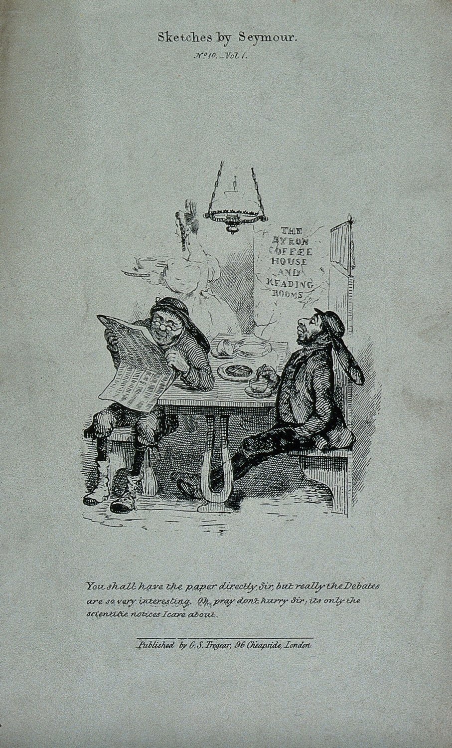 Two dustmen are sitting at a table in a coffee house: one is reading parliamentary reports in the newspaper…
