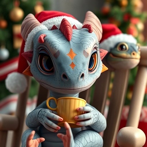 Red baby dragon enjoying Christmas coffee