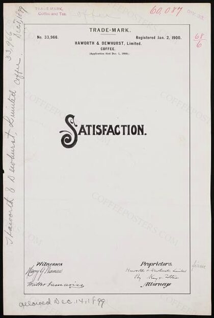 [Trademark registration by Haworth & Dewhurst, Limited for Satisfaction brand Coffee]