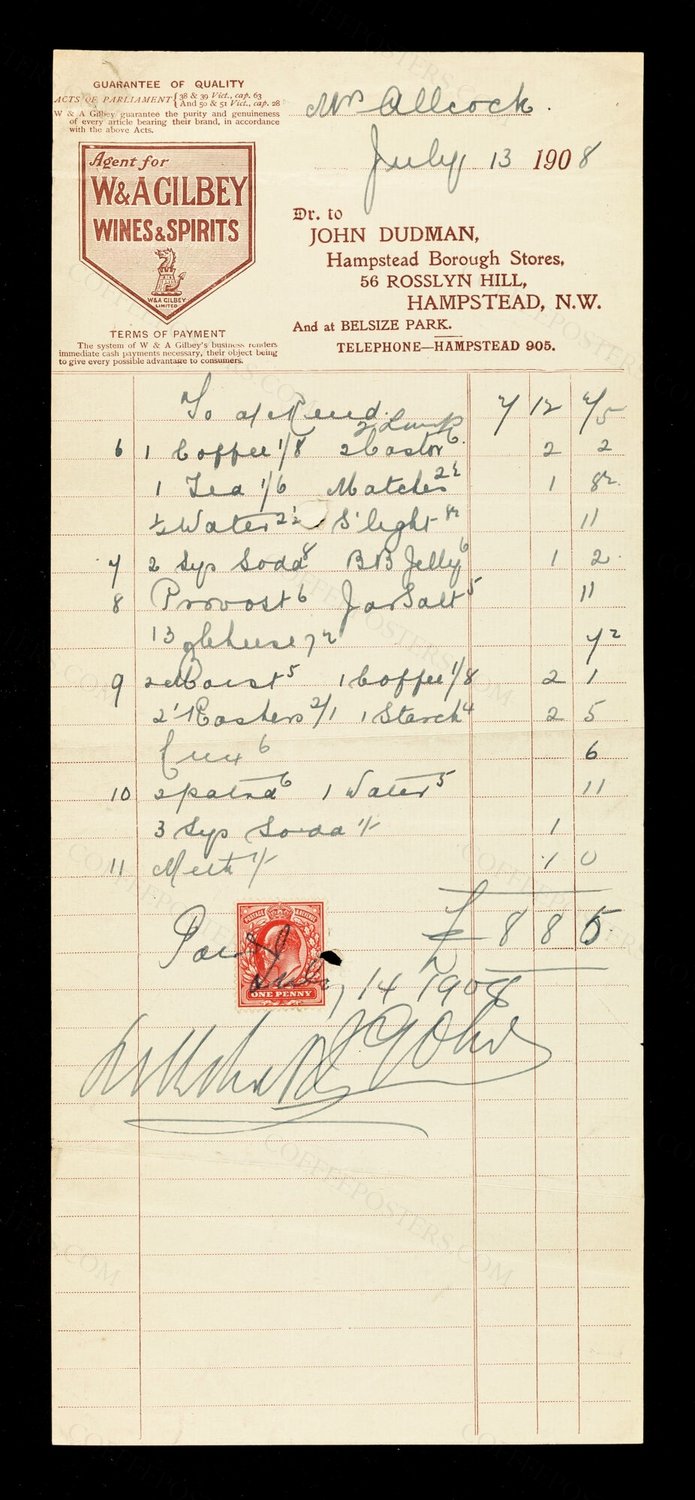 Dr. to John Dudman, Hampstead Borough Stores, 56 Rosslyn Hill, Hampstead, N.W. : and at Belsize Park : tele…