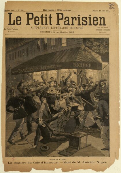 Troubles à Paris. La Bagarre du Café d'Harcourt. - Mort de M. Antoine Nuger. … by graveur Anonyme, 1893 — archival coffee print from Wikimedia Commons (institutional source)