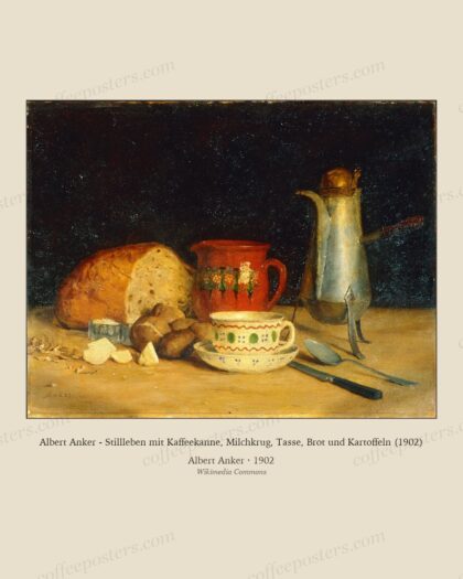 Albert Anker - Stillleben mit Kaffeekanne, Milchkrug, Tasse, Brot und Kartoffeln (1902)