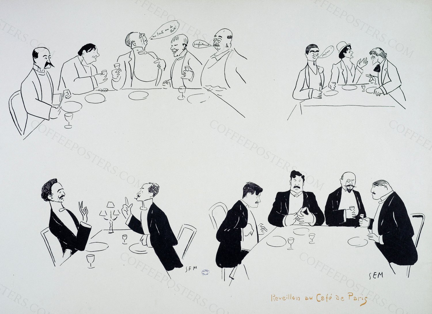 Album blanc à cachet orange Reveillon au Café de Paris, G.20667-13 by Sem (Georges Goursat, dit) (Périgueux, 22–11–1863 - Paris, 26–11–1934), dessinateur-lithographe, 1904 — archival coffee print from Wikimedia Commons (institutional source)
