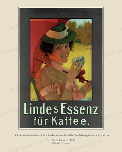 1906 circa Carl Hans Pless Plakat Linde's Essenz für Kaffee Farblithographie circa 50 x 35 cm