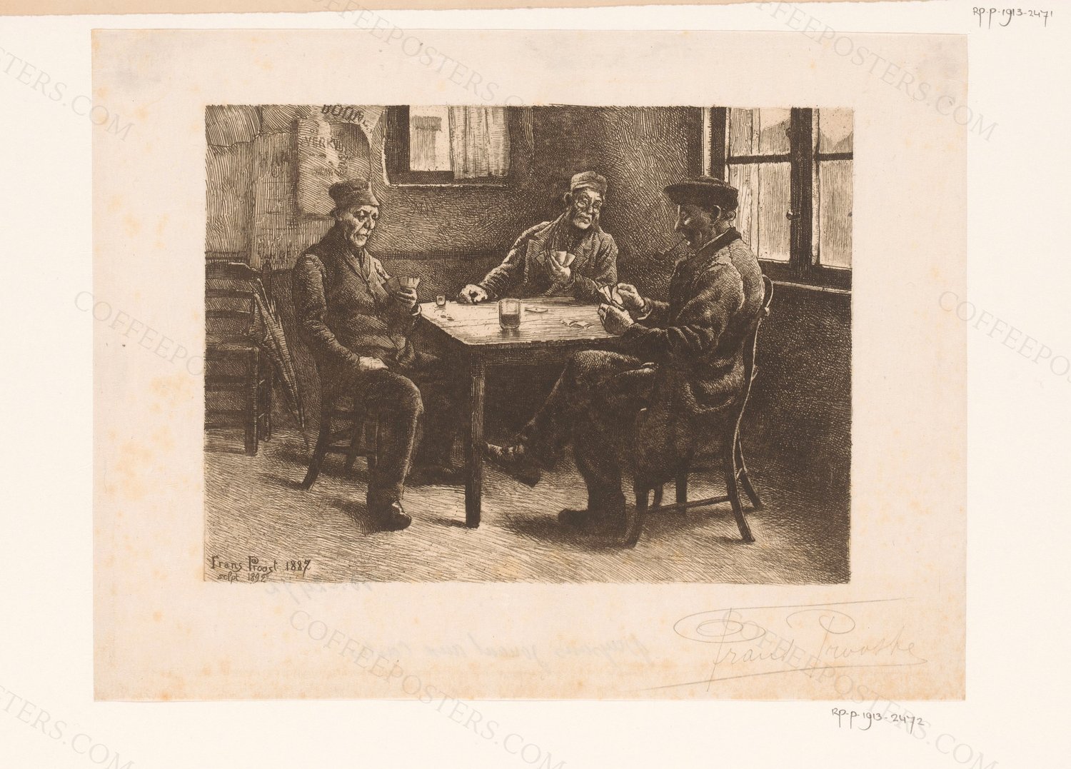 Drie kaartende mannen in een café, RP-P-1913-2472 by Rijksmuseum, 1887 — archival coffee print from Wikimedia Commons (institutional source)