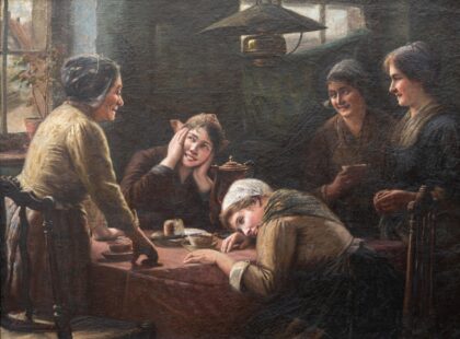 The coffee talklabel QS:Len,"The coffee talk" by Henri Timmermans, 1880 — archival coffee print from Wikimedia Commons (institutional source)
