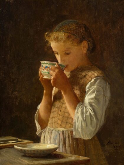 German: Mädchen, Kaffee trinkend Girl, drinking coffeelabel QS:Lde,"Mädchen,… by Albert Anker, 1870 — archival coffee print from Wikimedia Commons (institutional source)