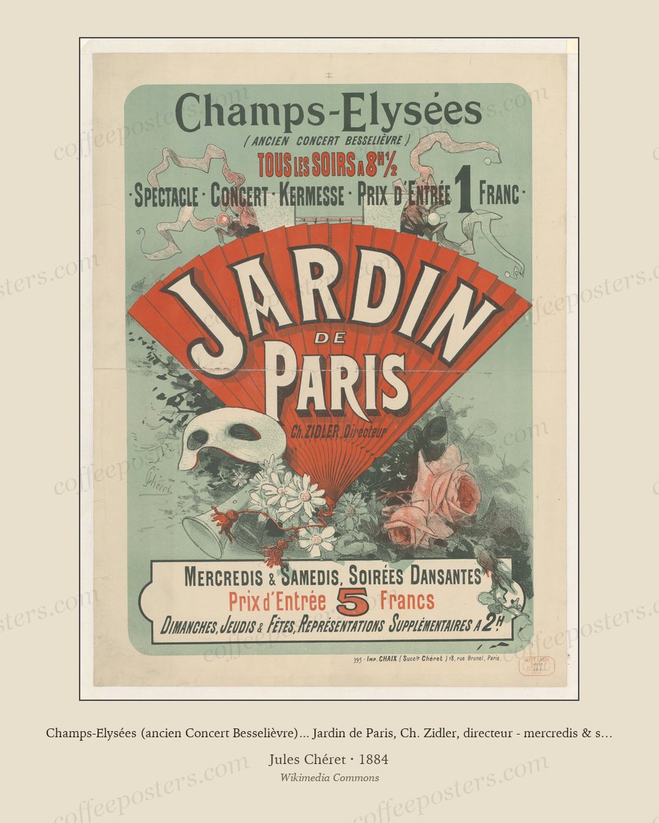 Champs-Elysées (ancien Concert Besselièvre)... Jardin de Paris, Ch. Zidler, directeur - mercredis & samedis, soirées dansantes... - affiche - Chéret by Jules Chéret
