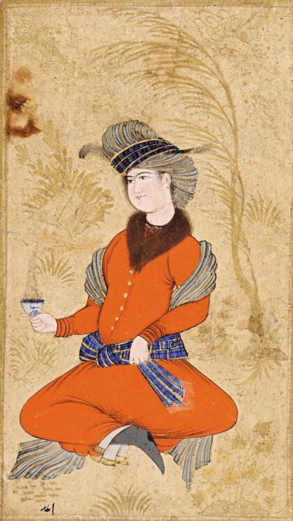 A seated youth holding a cup of Coffee, Safavid Persia, Mid–17th century (cro… by Unknown author, 1650 — archival coffee print from Wikimedia Commons (institutional source)