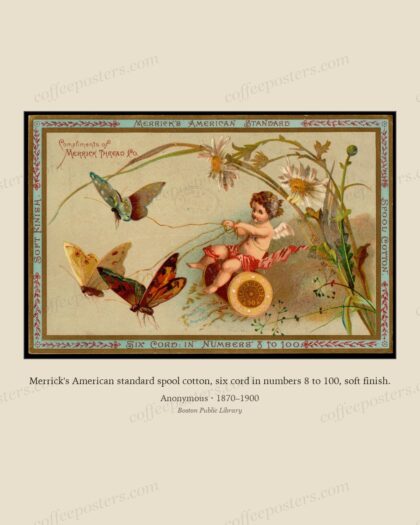Merrick's American standard spool cotton, six cord in numbers 8 to 100, soft finish.