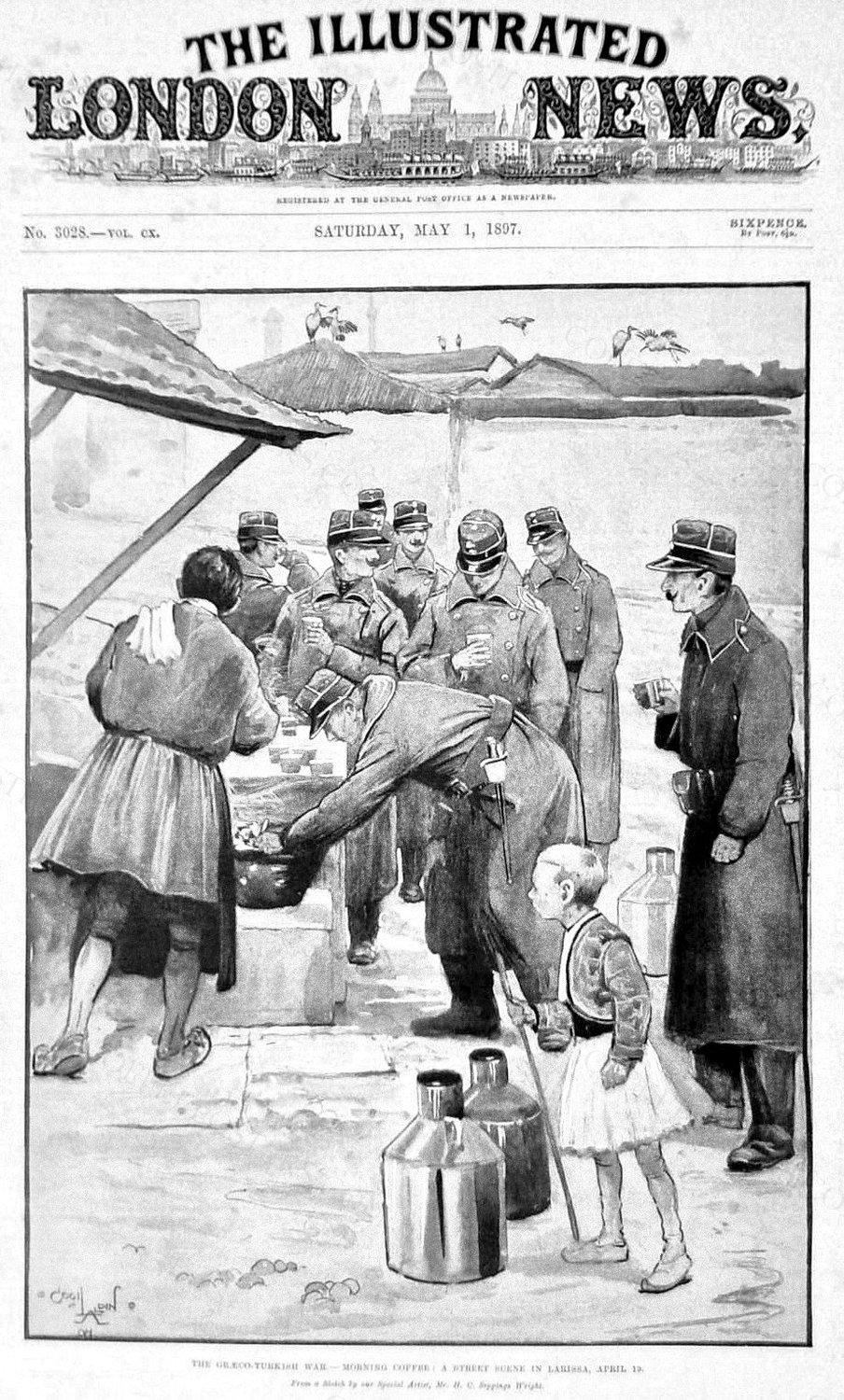 The Graeco-Turkish War - Morning coffee, a street scene at Larissa by Henry Charles Seppings Wright, 1897 — archival coffee print from Wikimedia Commons (institutional source)