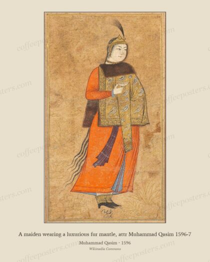 A maiden wearing a luxurious fur mantle, attr Muhammad Qasim 1596-7