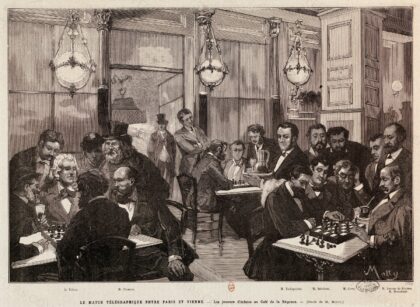 Cafe de la regence match telegraphique paris vienne by M. Motty, 1884 — archival coffee print from Wikimedia Commons (institutional source)